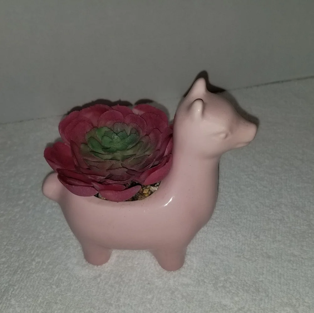 Pink Ceramic Llama Decorative Planter  Home Accent Succulent